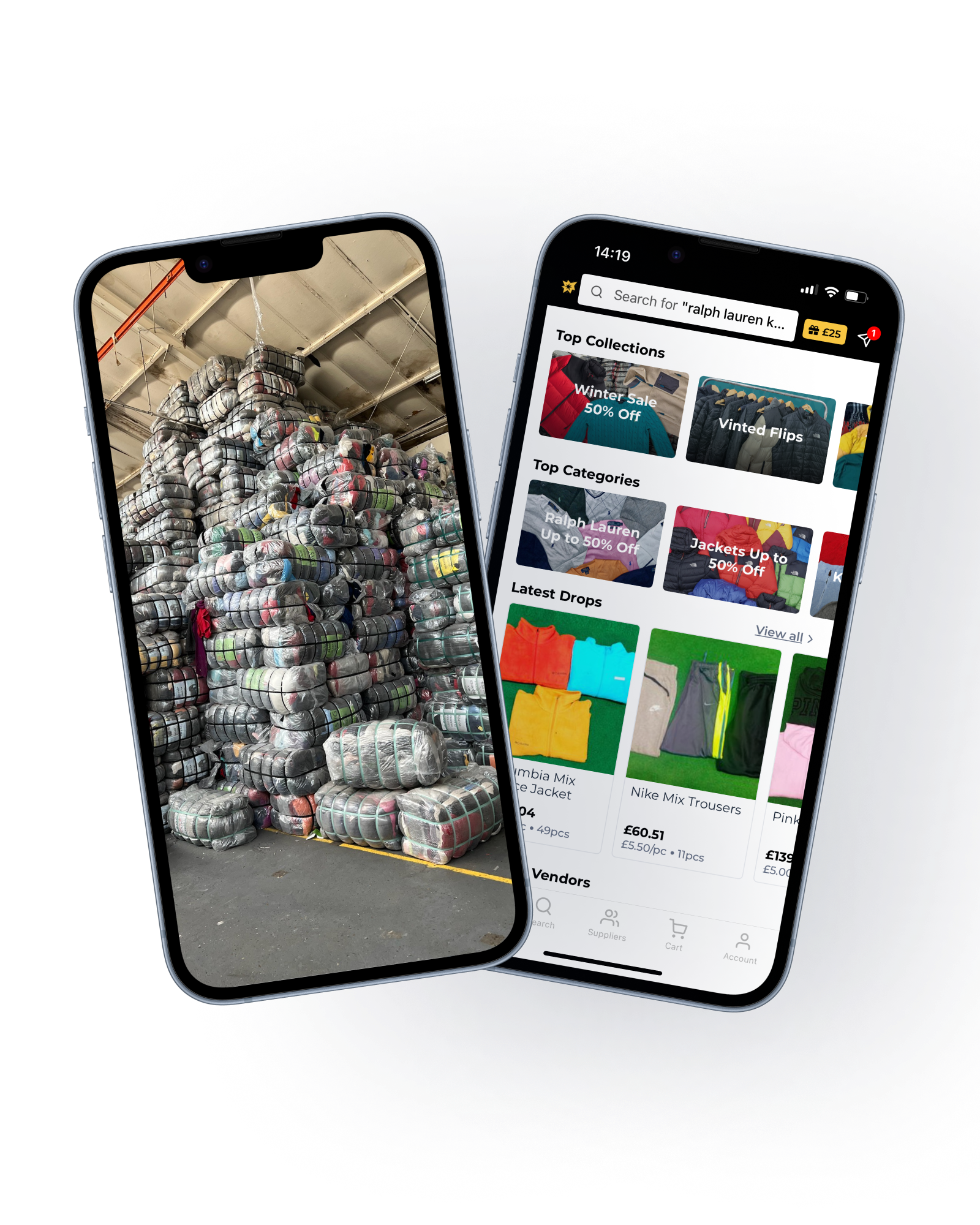 Fleek mobile app interface showing wholesale vintage clothing bales, collections, and categories for business sourcing