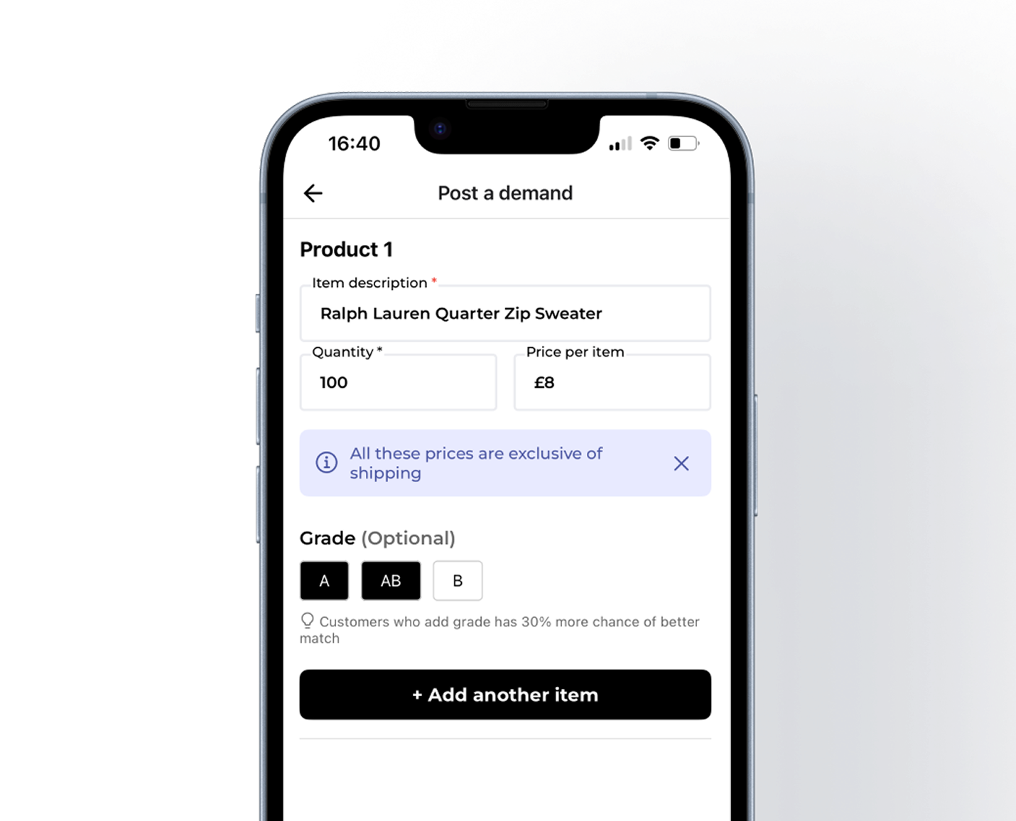 Fleek mobile app screenshot of demand posting form with product description, quantity, price, and grade selection for vintage wholesale sourcing