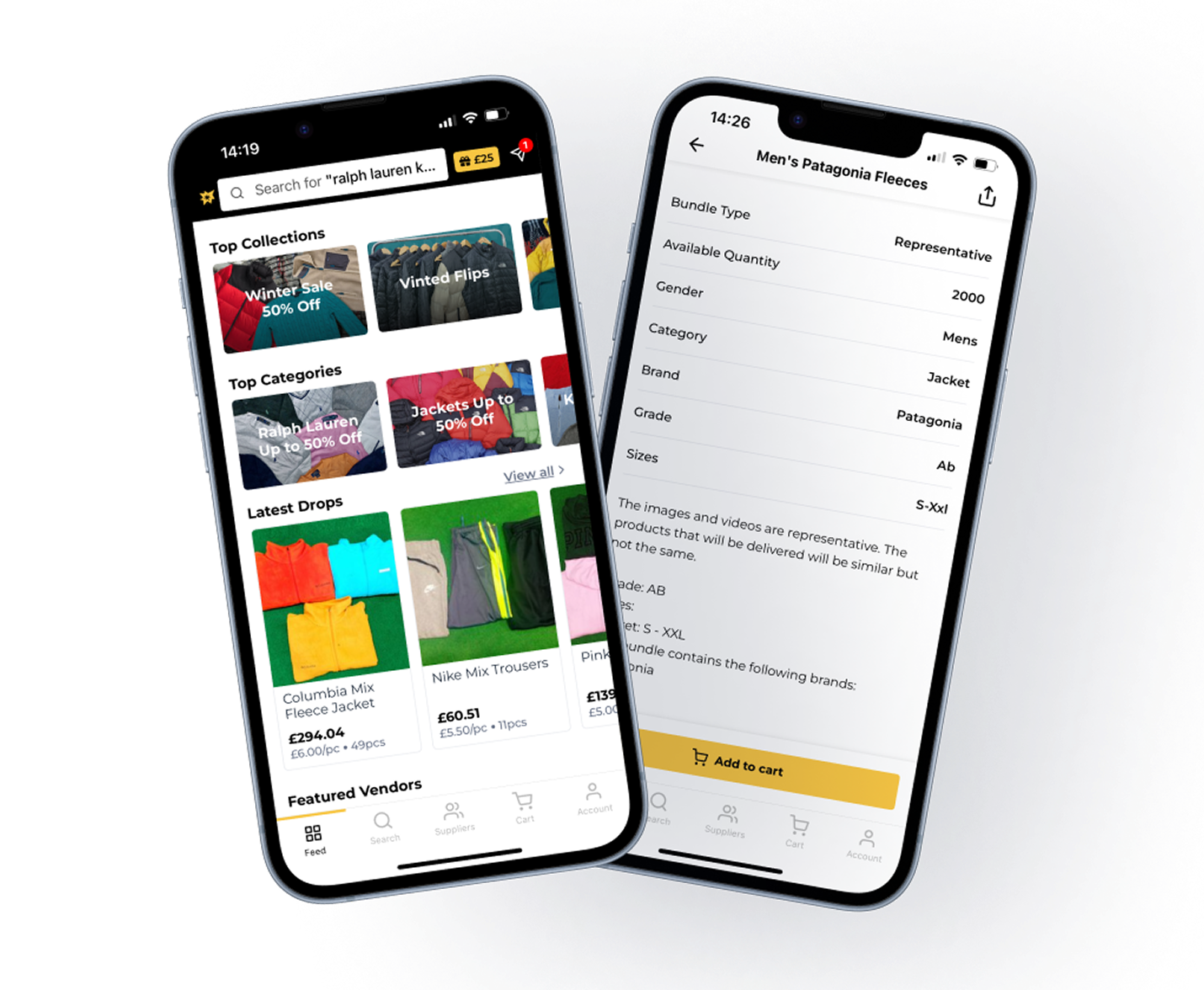 Fleek app interface showing bulk vintage clothing bundles with search, collections, and product listings for wholesale sourcing