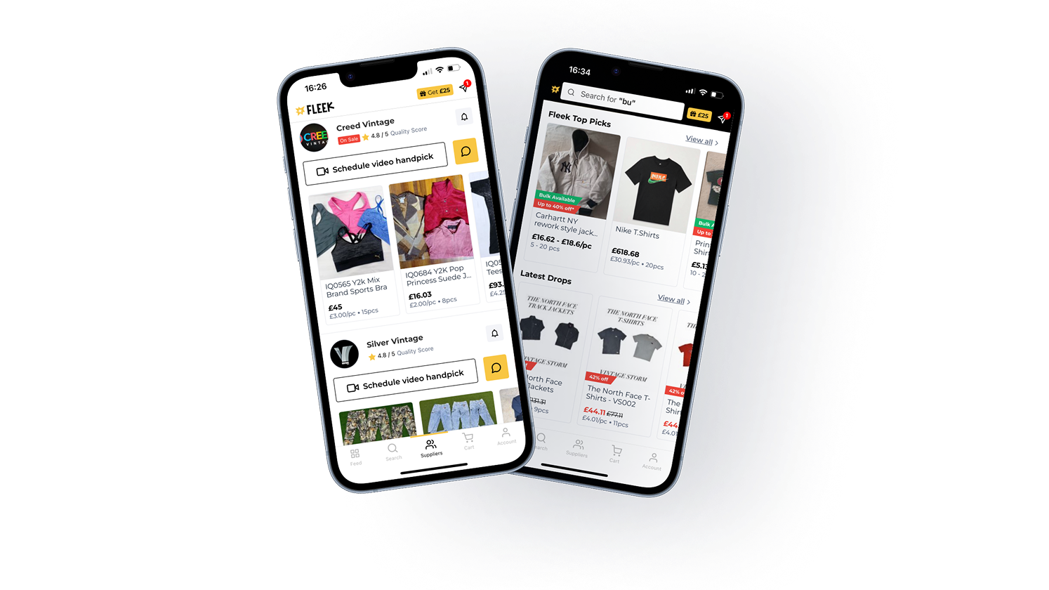 Fleek mobile app interface showing vintage clothing wholesale marketplace with search, collections, and product listings for new resellers