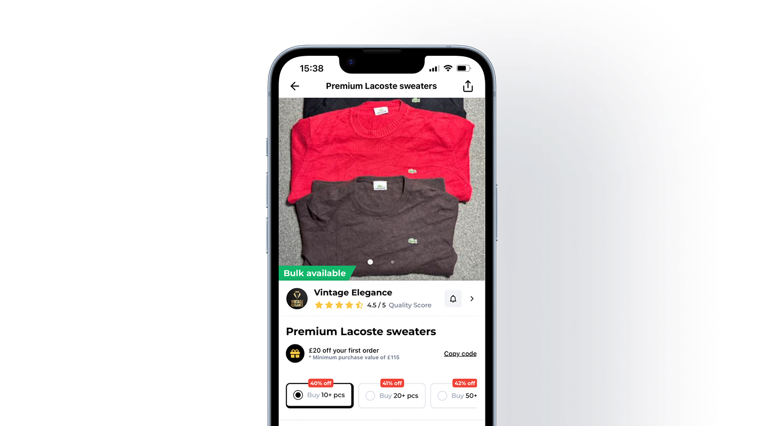 Fleek mobile app interface showing vintage clothing wholesale marketplace with supplier listing, and ratings and reviews