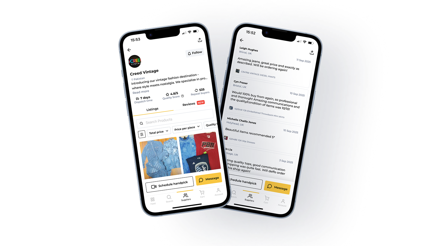 Fleek mobile app interface showing vintage clothing wholesale marketplace with supplier listing, and ratings and reviews