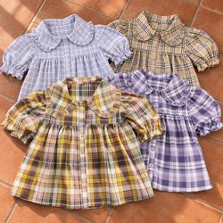 Upcycled Plaid Ruffle Collar Short Sleeve Blouses