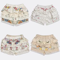 Upcycled Embroidered Tiered Ruffle Cotton Shorts