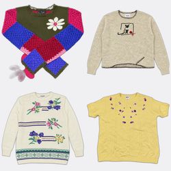 Hand Knit Embroidered Floral Sweaters Vintage Edit..