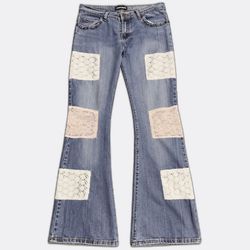 Upcycled  Faded Patchwork Lace Flare Jeans