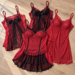 Red Lace Trim Camisoles and Mini Dresses