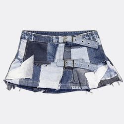 REP053 Upcycled Y2k Denim Patchwork Mini Skirts