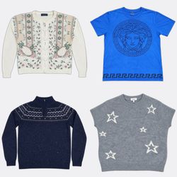 Auswahl an Vintage-Pullovern und -Cardigans mit Mu..