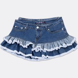 Upcycled Denim Mini Skirts With Lace Ruffles Bl
