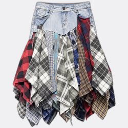 Upcycled Denim+Flannel Midi Skirts