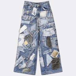 REP019 Jeans Largos Hip Hop em Patchwork de Denim ..