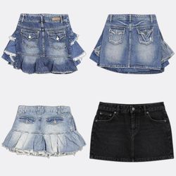 Pleated and Ruffled Denim Mini Skirts