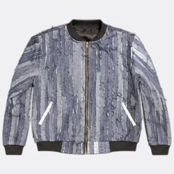 REP072 Upcycled Denim Bomber Striped Patchwork Jac..