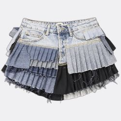 Upcycled Y2K Multi layered Pleated Denim Mini Skir..