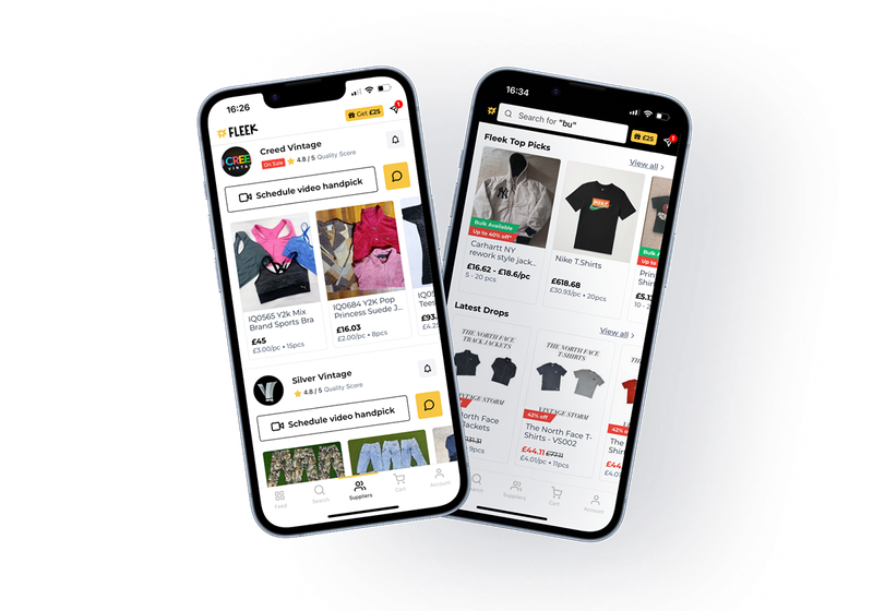 Fleek mobile app interface showing vintage clothing wholesale marketplace with search, collections, and product listings for new resellers